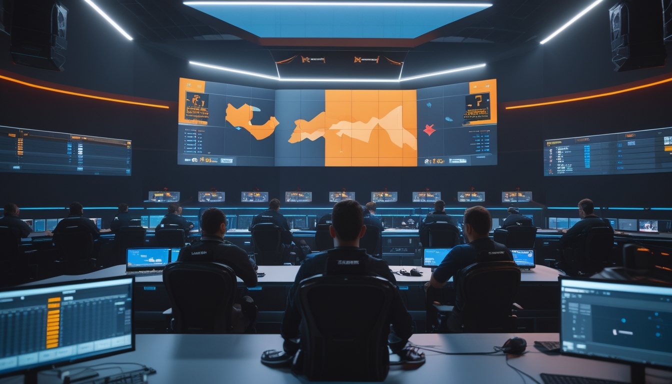Suasana arena esports modern dengan analis dan penonton dewasa mengamati layar pertandingan gim tembak-menembak.