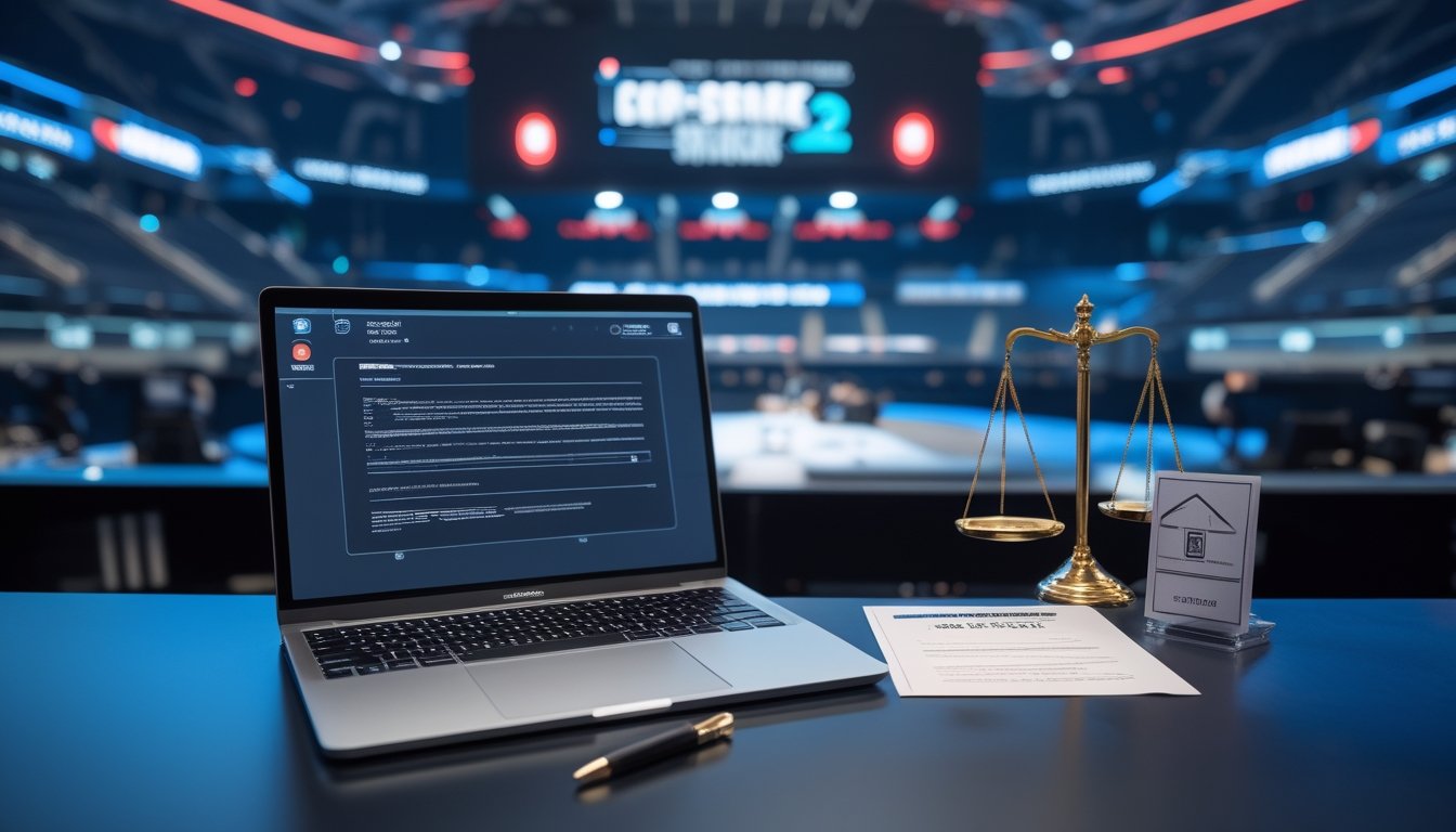 Meja kerja dengan dokumen legal dan simbol keamanan di depan arena turnamen esports.