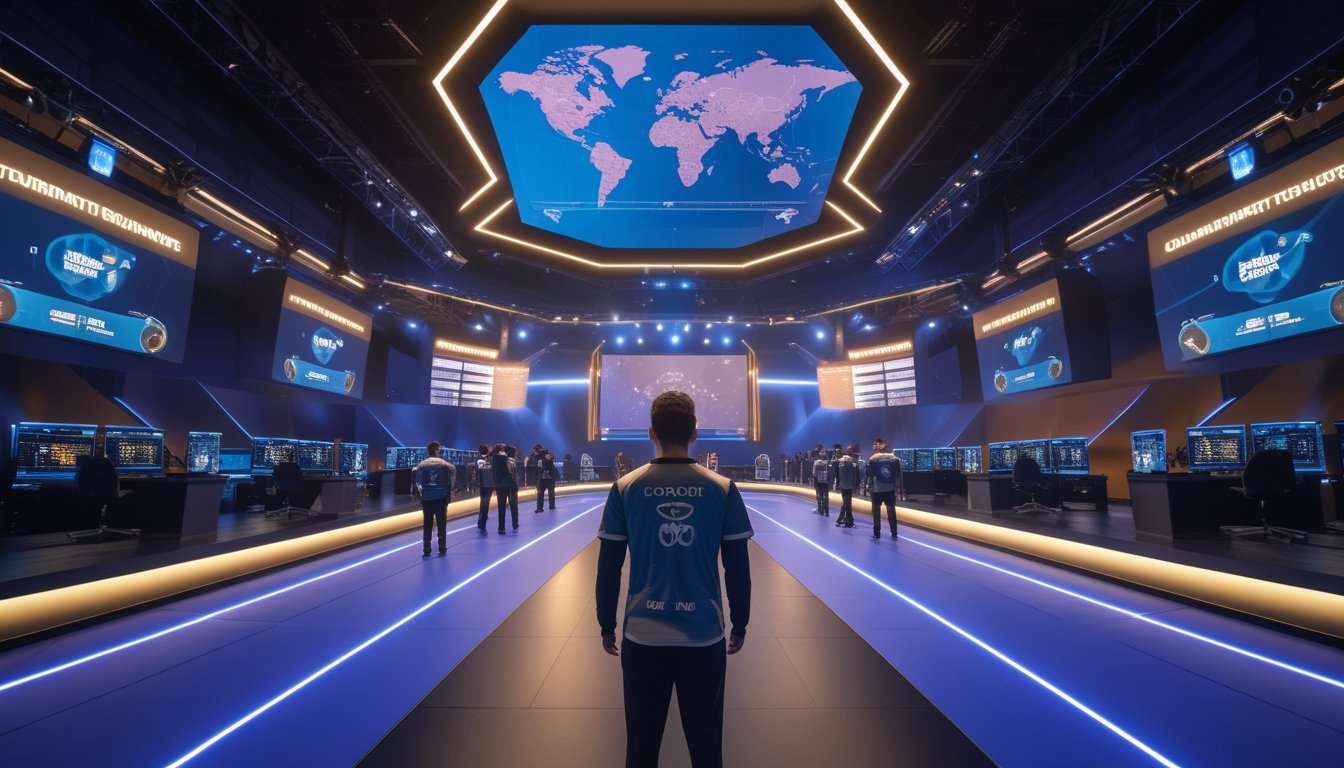 Arena esports modern dengan beberapa tim pemain yang mengikuti jalur menuju panggung final kejuaraan global.