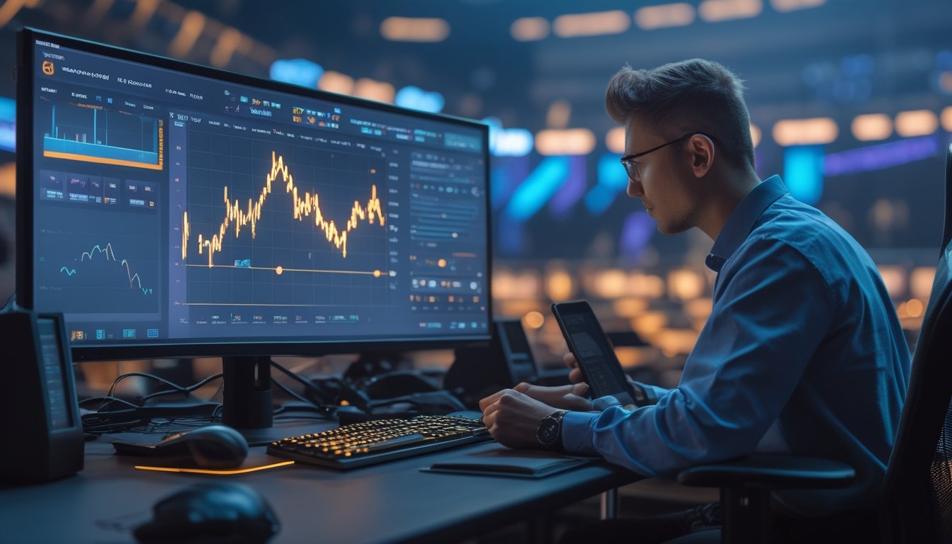 Analis esports membandingkan grafik pasar pertandingan di ruang kerja modern.