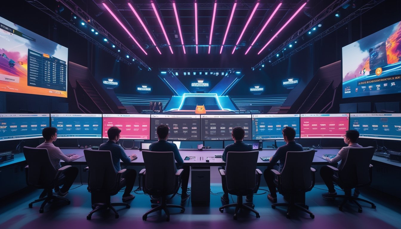 Analis esports dewasa mempelajari statistik pertandingan di studio modern dengan beberapa layar dan suasana arena turnamen.