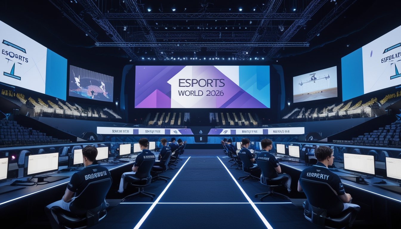 Arena esports besar menampilkan pemain dari berbagai cabang game dalam turnamen internasional.