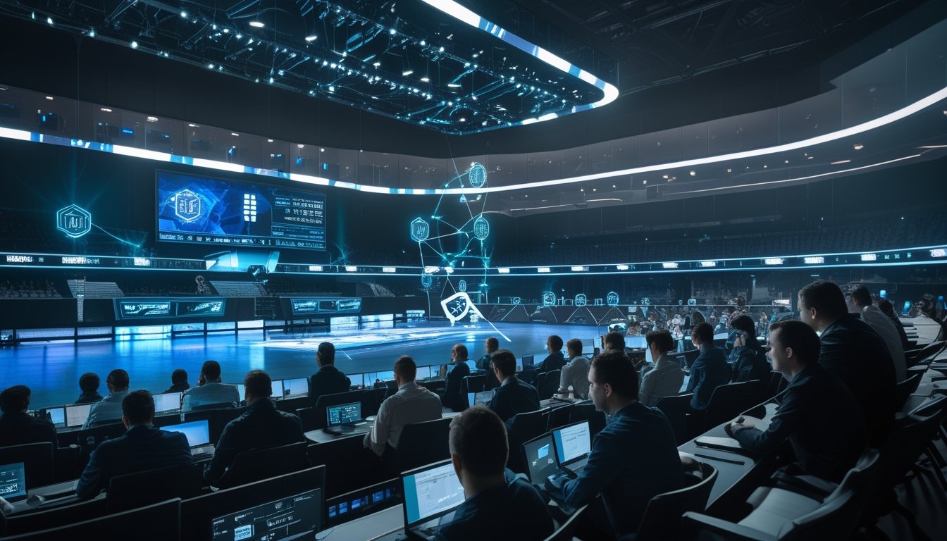 Penonton dewasa menyaksikan turnamen esports di arena modern dengan visual jaringan blockchain dan data digital.