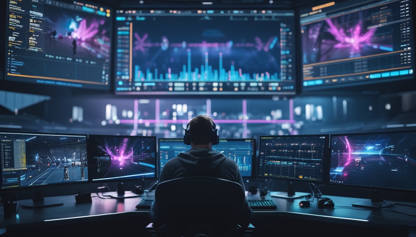 Analis esports memantau pertandingan dan data langsung melalui beberapa layar di ruang kontrol modern.
