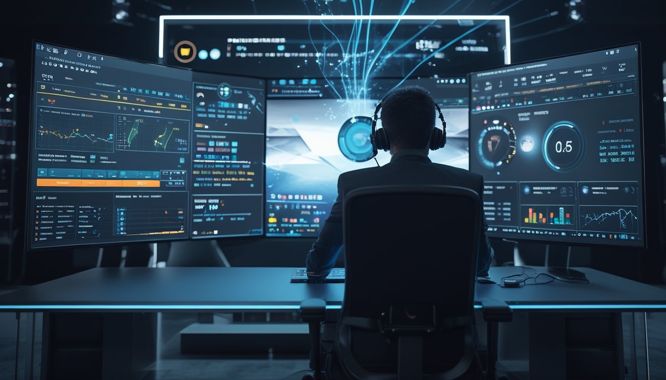 Seorang analis memantau pertandingan esports dan data pertandingan secara langsung di beberapa layar.