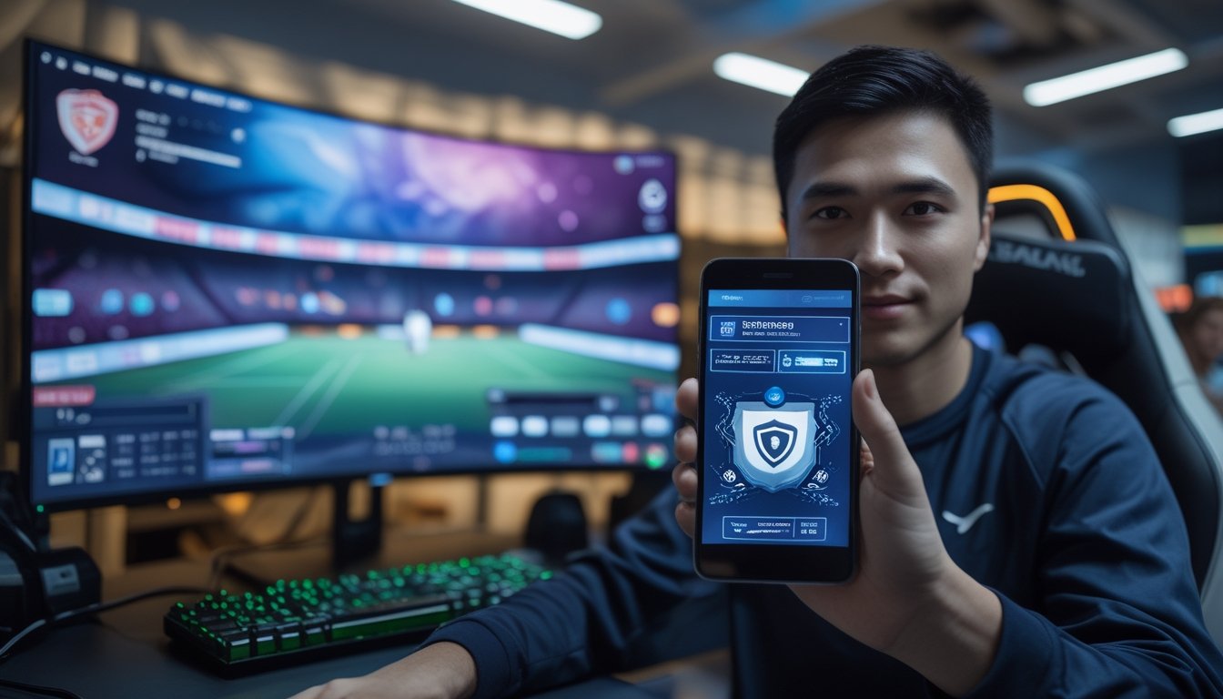 Seorang penggemar esports menggunakan ponsel di depan komputer dalam suasana ruang gaming modern.