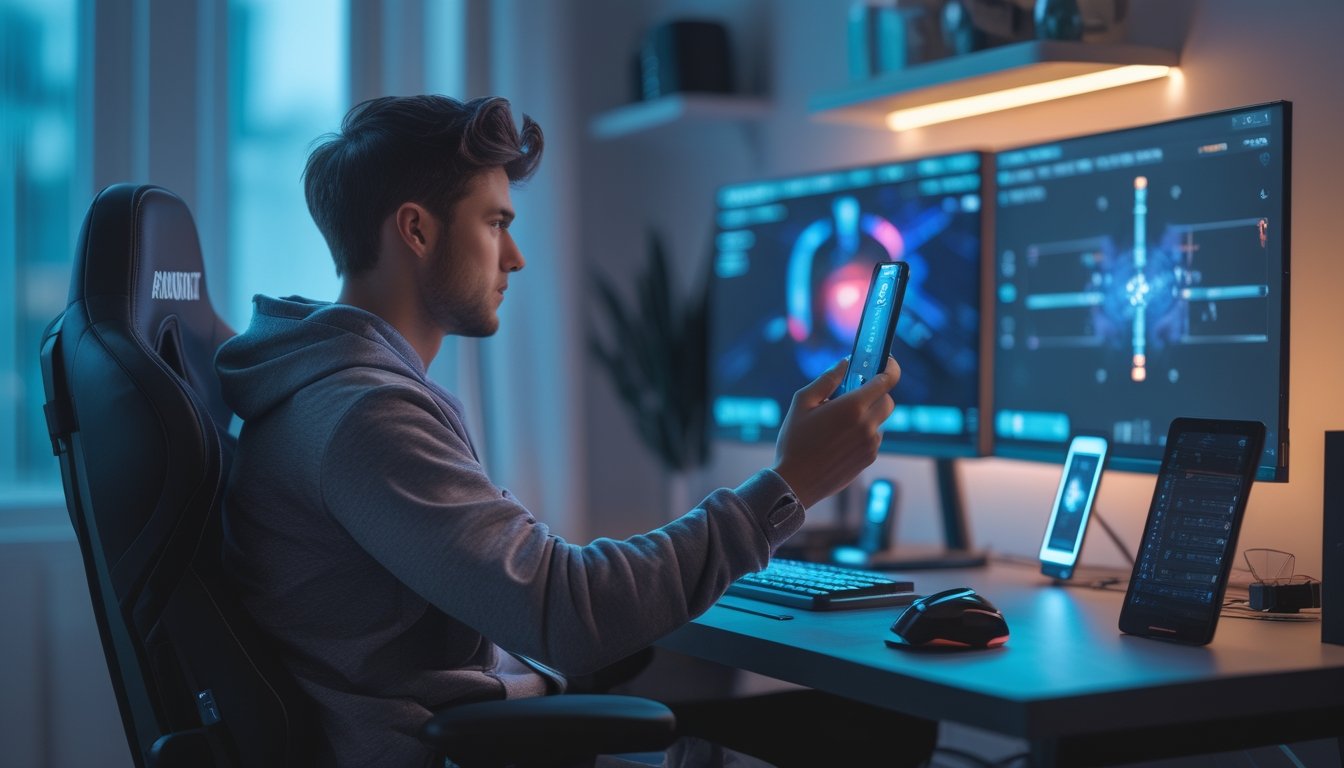 Seorang pemain esports menggunakan ponsel di ruang bermain modern dengan laptop dan aksesori gaming.