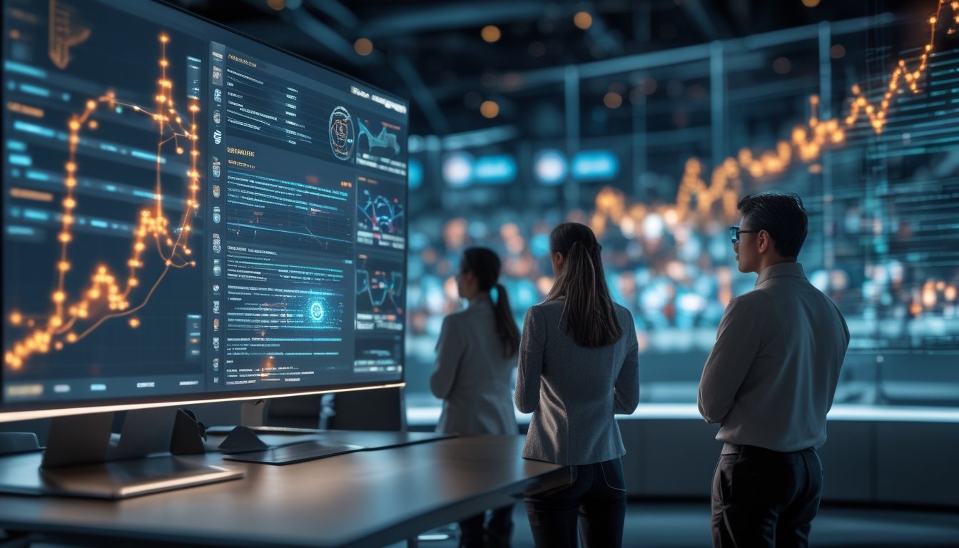 Tim analis mengamati visualisasi data prediksi pertandingan esports berbasis kecerdasan buatan di ruang kerja modern.