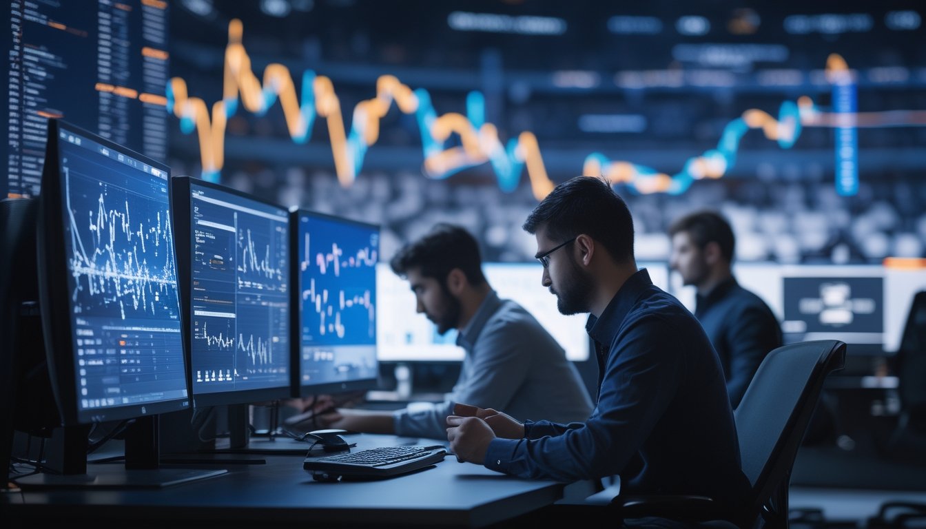 Tim analis mempelajari visualisasi data prediksi AI terkait pasar esports di ruang kerja modern.