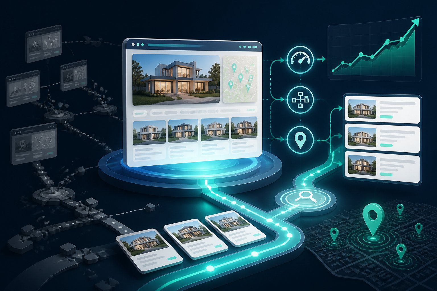 Showcase IDX vs. Every Other IDX in 2026: SEO Differences A modern real estate search platform connected to analytics, location, and property discovery symbols, with one clear path rising above competing pathways.