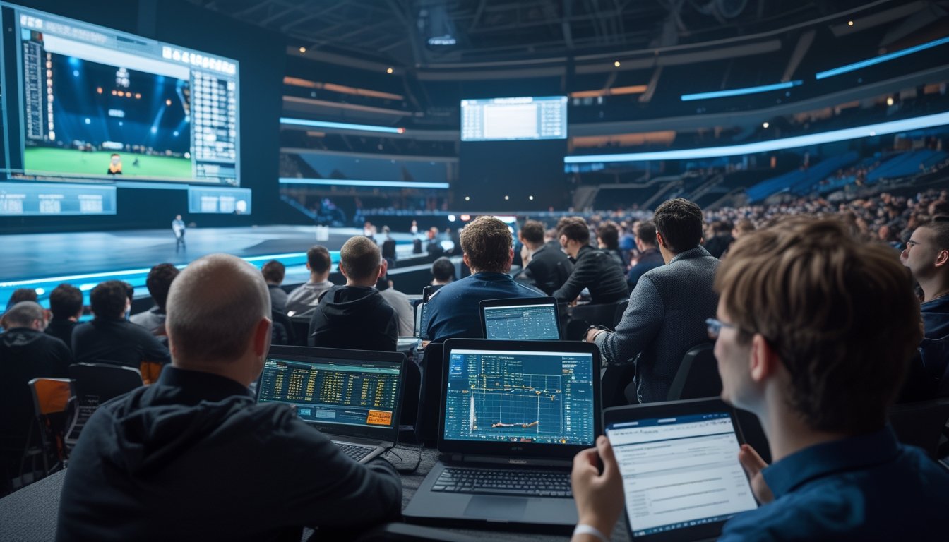 Penonton menyaksikan turnamen esports kecil sambil menganalisis statistik pertandingan di laptop dan tablet.