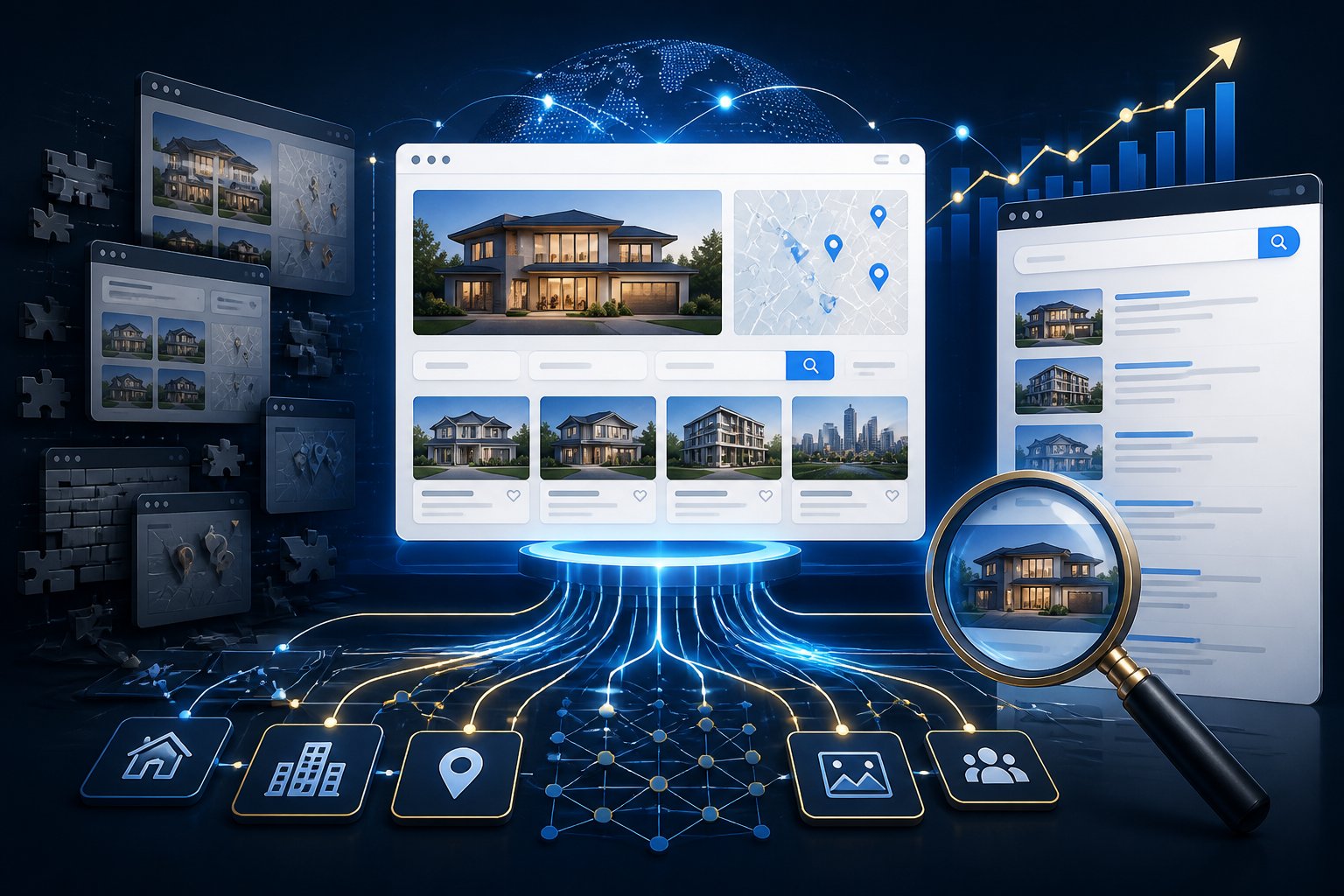 Showcase IDX vs. Every Other IDX in 2026: SEO Differences A comparison of real estate website platforms connected to search visibility tools, property listings, and rising analytics.