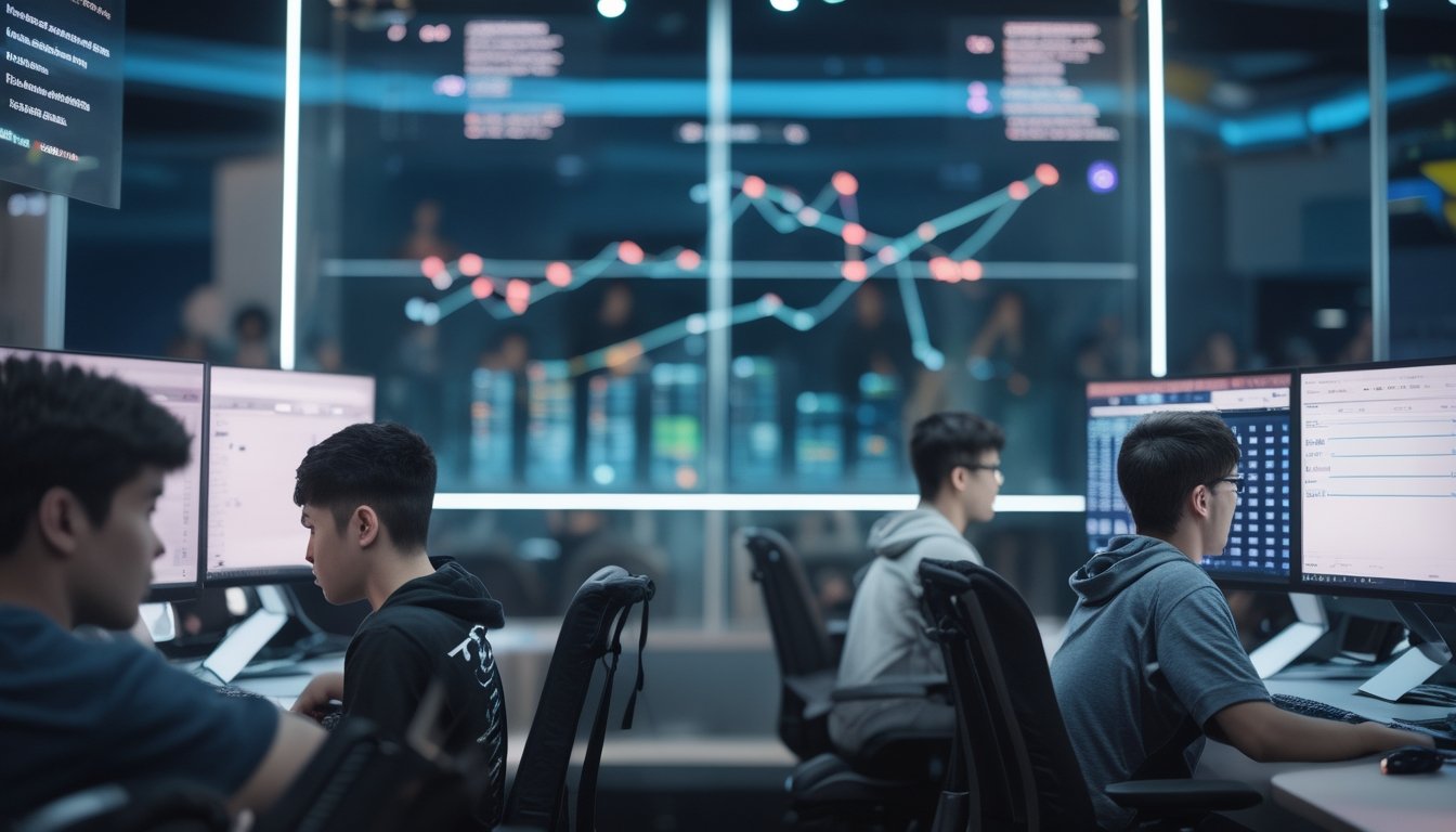 Turnamen esports kecil berlangsung di venue modern dengan pemain, penonton, dan tampilan analitik pertumbuhan pasar.