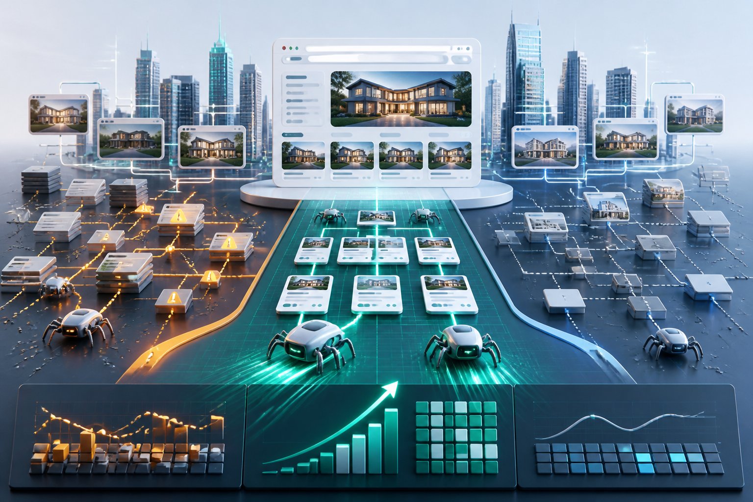Showcase IDX vs. Every Other IDX in 2026: SEO Differences A modern real estate search platform connects property listings and a city skyline through visual pathways for search indexing, fast performance, and website crawling.