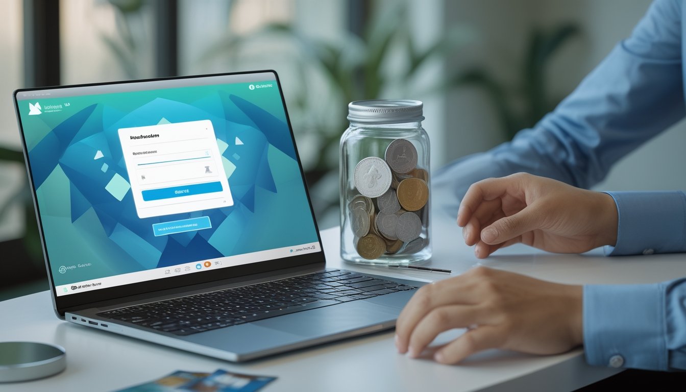 Tangan seseorang menggunakan laptop dan ponsel di meja kerja dengan uang rupiah sebagai simbol pembayaran digital yang terjangkau.