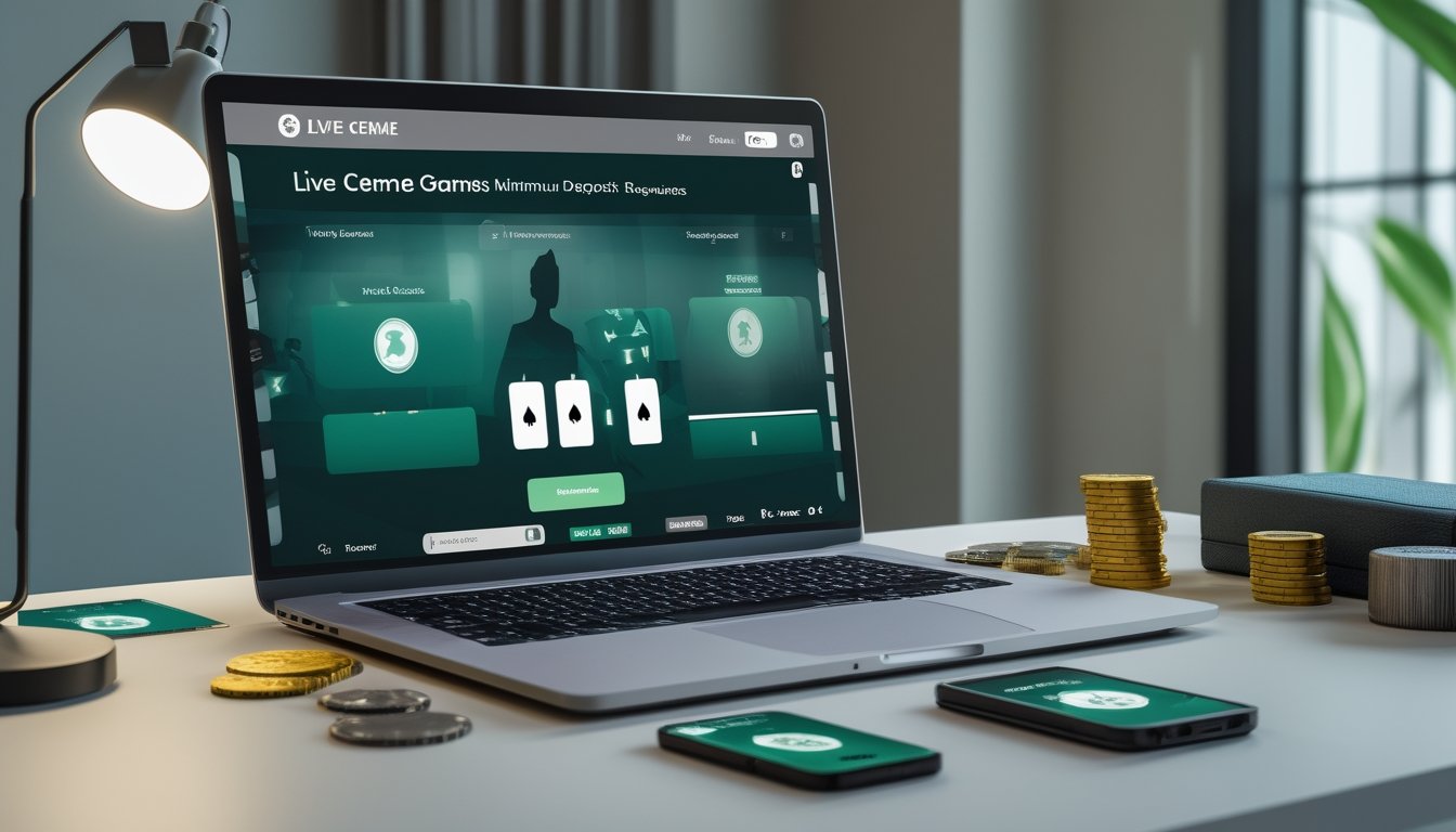 Laptop menampilkan permainan kartu digital abstrak di samping ponsel, dompet digital, koin, dan chip di atas meja.