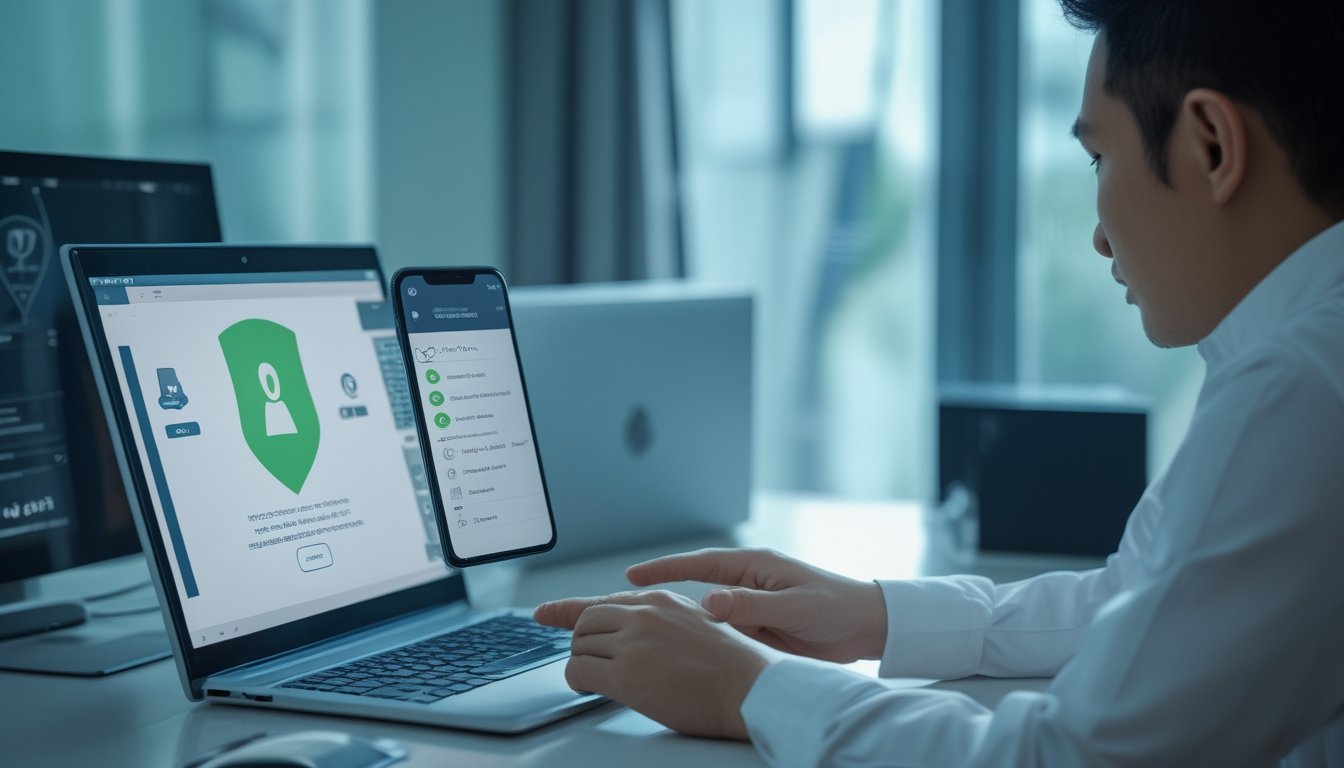 Seorang profesional Indonesia mengevaluasi platform digital yang aman di meja kerja modern.