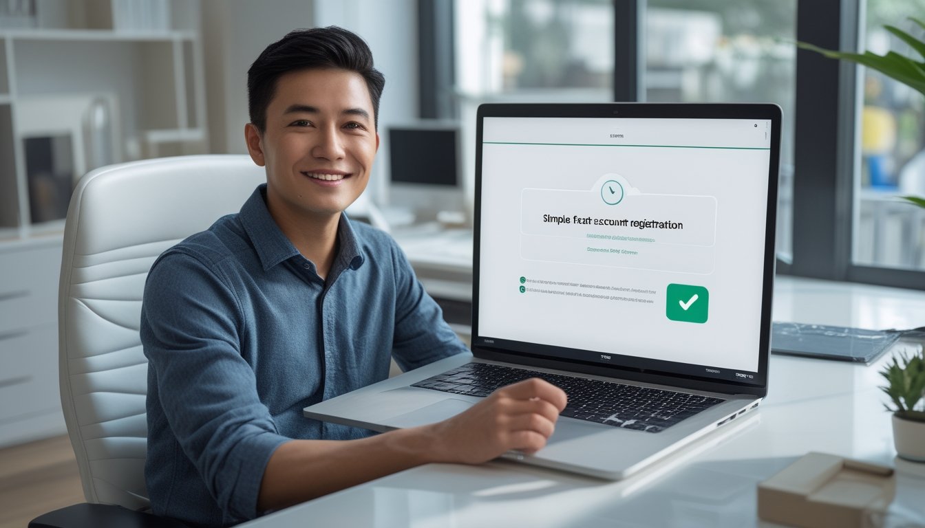 Seseorang menggunakan laptop untuk mendaftar akun permainan kartu online dengan ponsel di sampingnya.