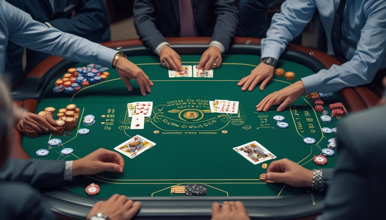 Dealer menunjukkan susunan kartu dan aturan dasar permainan ceme di meja kasino kepada beberapa pemain pemula.