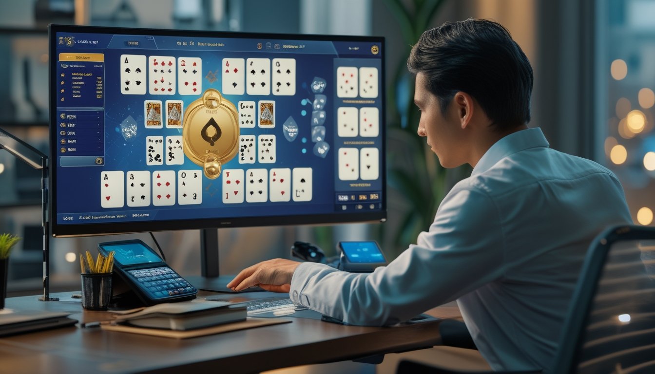 Seorang pemain dewasa menganalisis permainan kartu virtual di ruang kerja modern.