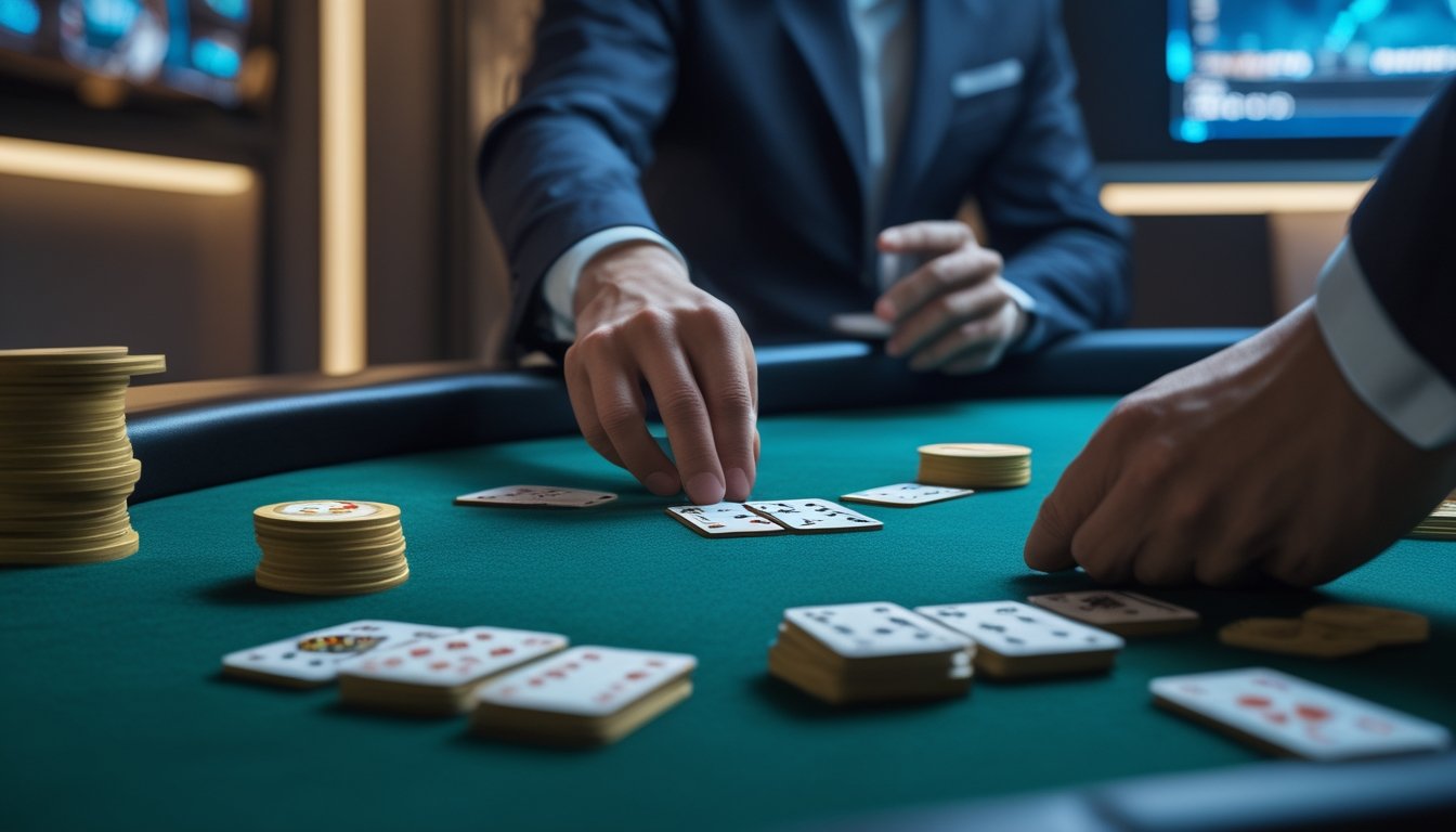 Meja permainan ceme dengan kartu domino, keping taruhan, dan dealer yang sedang menyiapkan kartu.