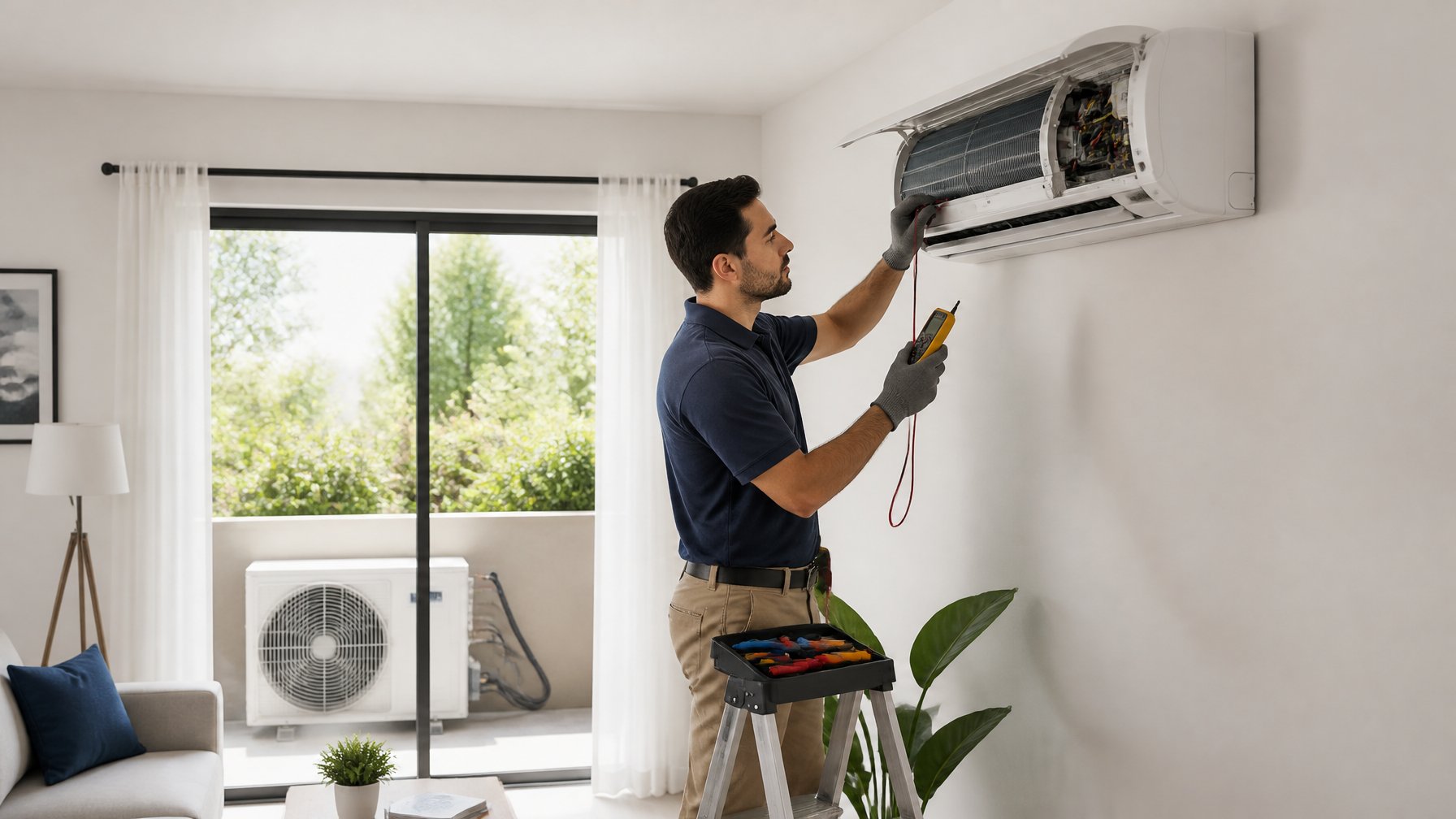 An HVAC technician inspects a wall-mounted ductless air conditioner in a modern living room beside an outdoor condenser unit.