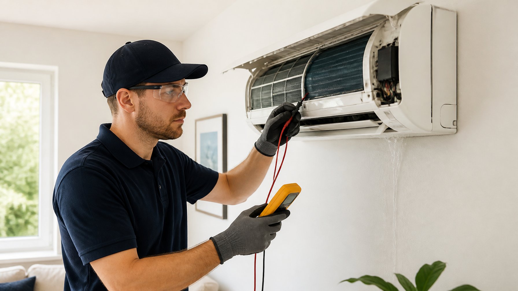HVAC technician inspecting a wall-mounted ductless mini-split air conditioner in a home.