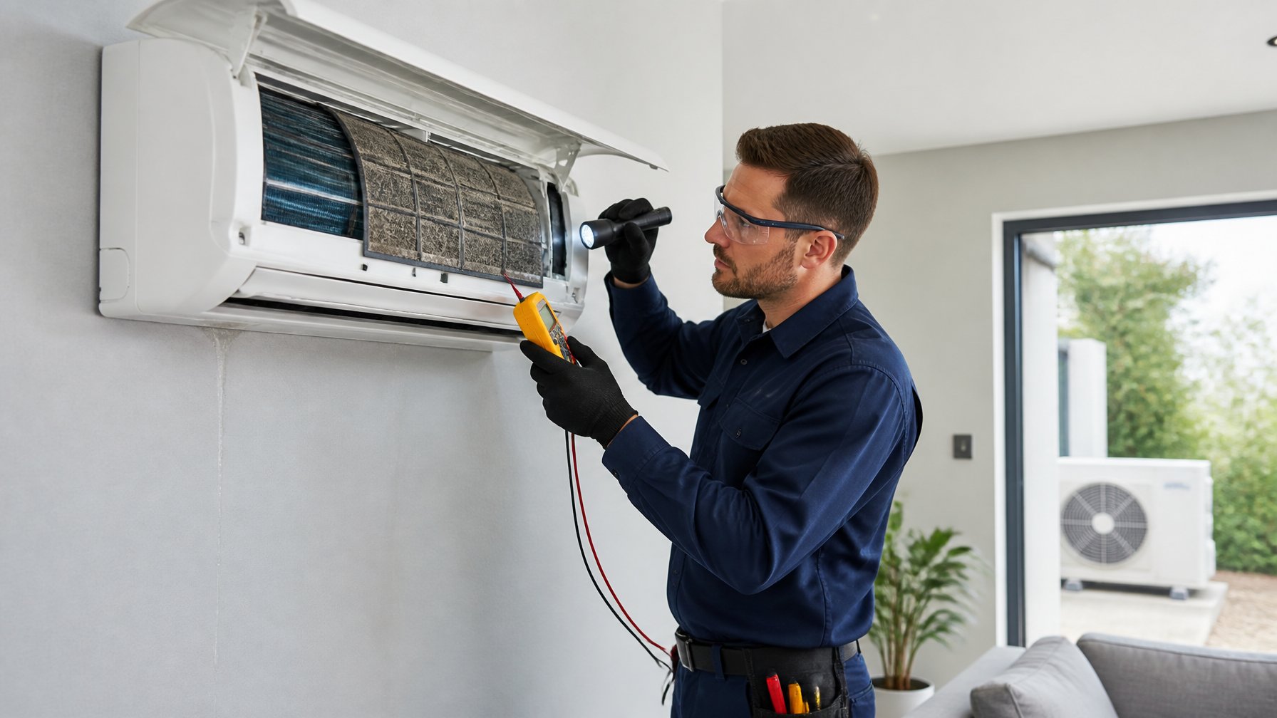An HVAC technician inspects an open wall-mounted ductless mini-split air conditioner in a home.