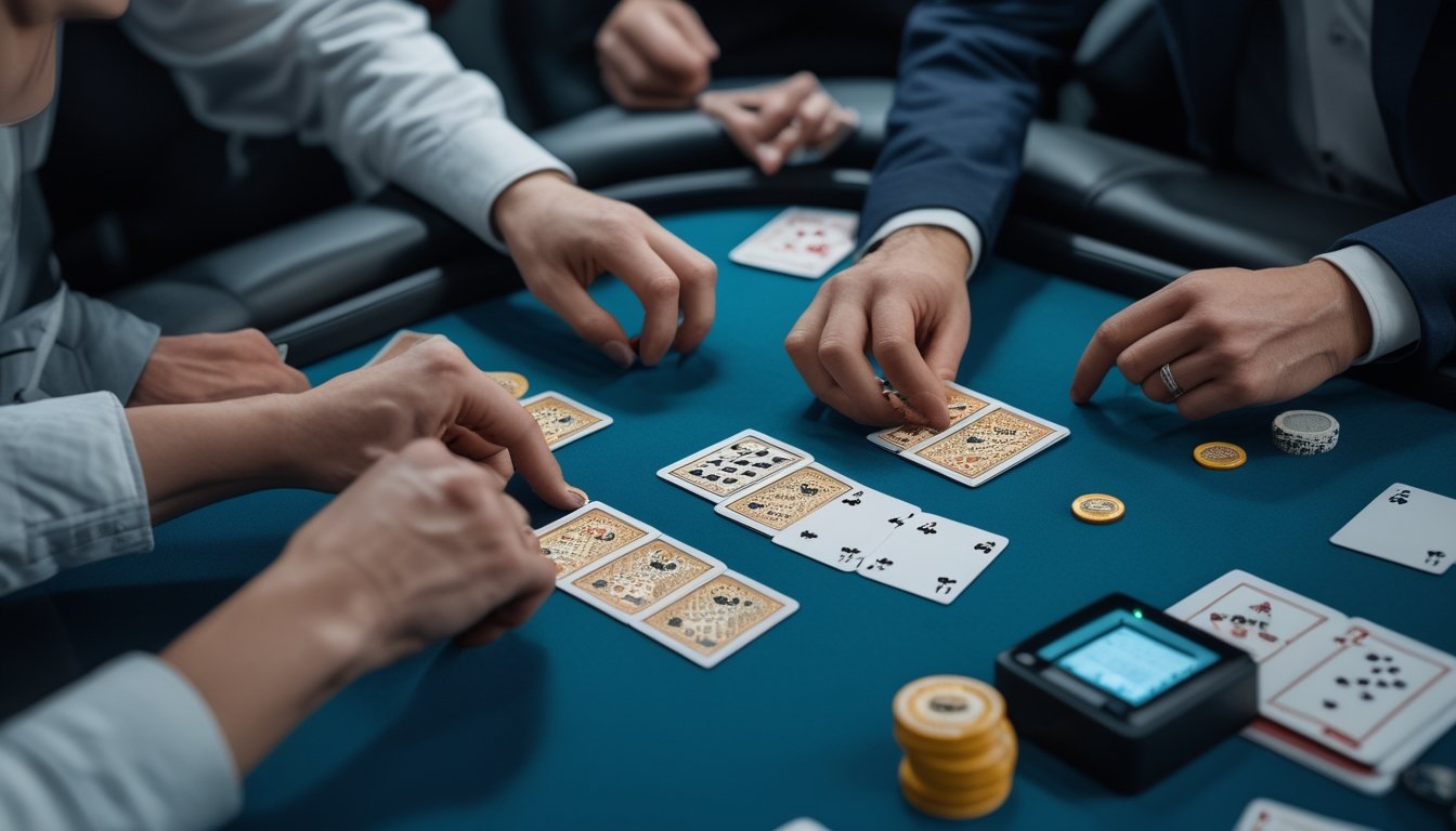 Tangan pemain dan dealer menyusun kartu di atas meja permainan dengan chip dan catatan kosong.