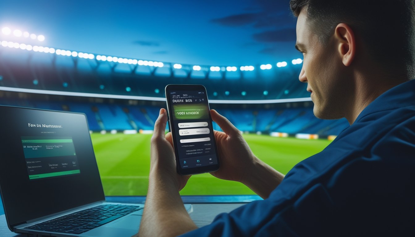 Penggemar sepak bola melihat ponsel di stadion yang terang dengan bola dan laptop di dekatnya.