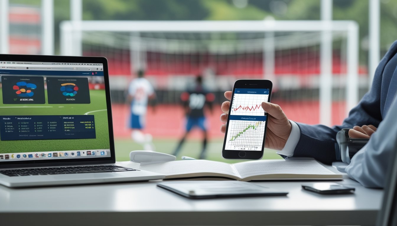 Seseorang menganalisis statistik pertandingan sepak bola di meja kerja dengan laptop, tablet, dan catatan kosong.