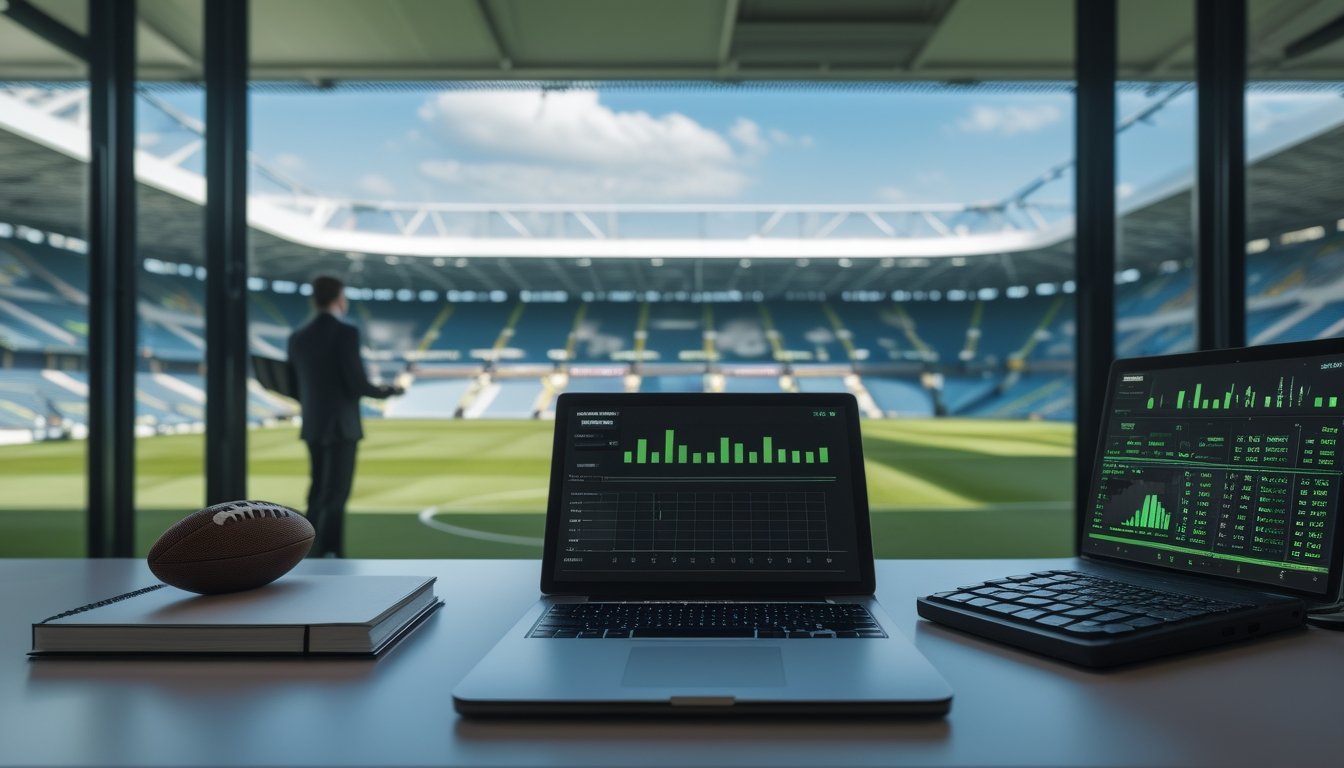 Analis sepak bola memeriksa data pertandingan di meja kerja dengan stadion terlihat di latar belakang.