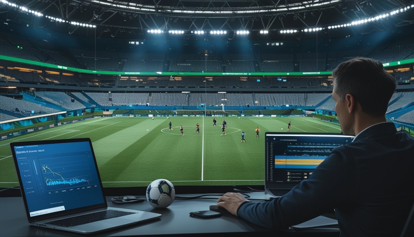 Seorang analis olahraga memantau pertandingan sepak bola langsung melalui beberapa layar di ruang kerja modern.