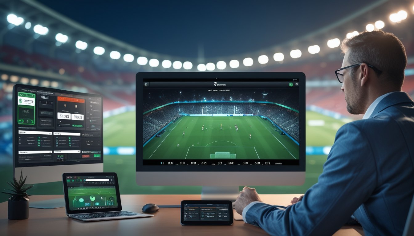 Analis memantau pertandingan sepak bola langsung dan data pertandingan melalui beberapa perangkat di ruang kerja modern.