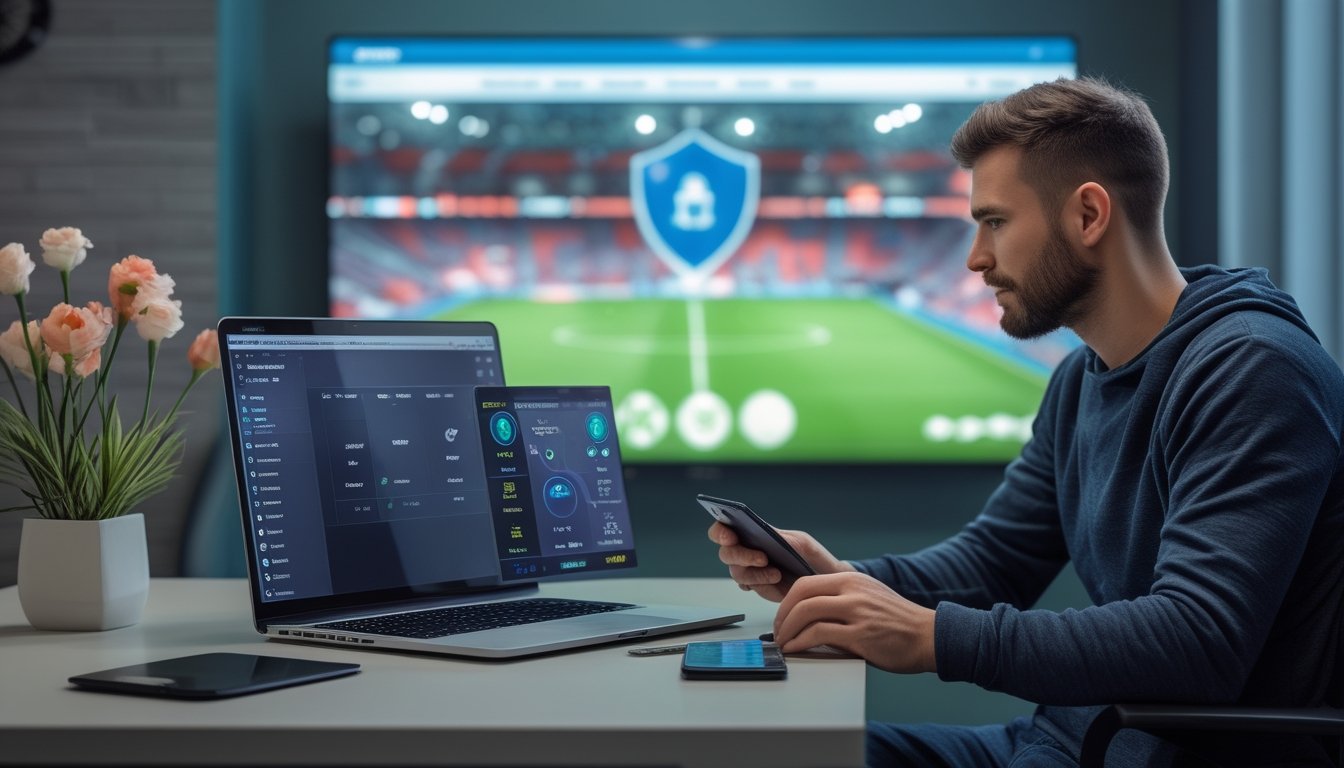 Penggemar sepak bola dewasa menggunakan laptop dan ponsel dalam lingkungan taruhan olahraga yang aman dengan simbol perlindungan dan pertandingan di latar belakang.