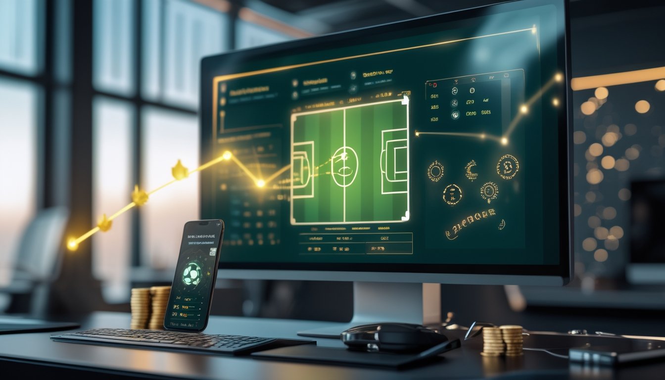 Monitor dan ponsel menampilkan analisis pertandingan sepak bola dengan grafik peluang dan elemen penghargaan dalam suasana kantor modern.