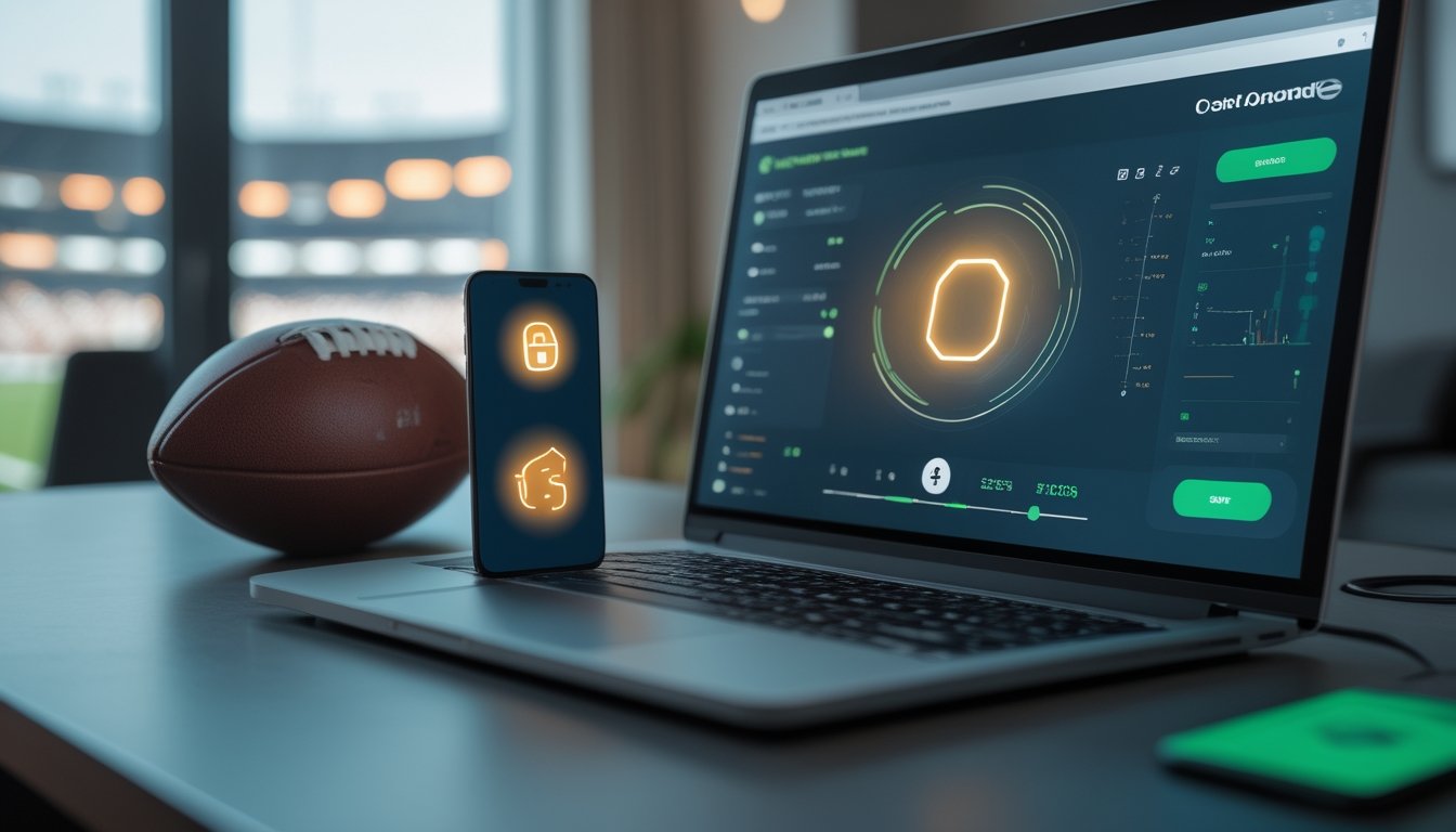 Penggemar sepak bola melihat dasbor taruhan digital dengan simbol keamanan dan pembayaran di meja kerja.