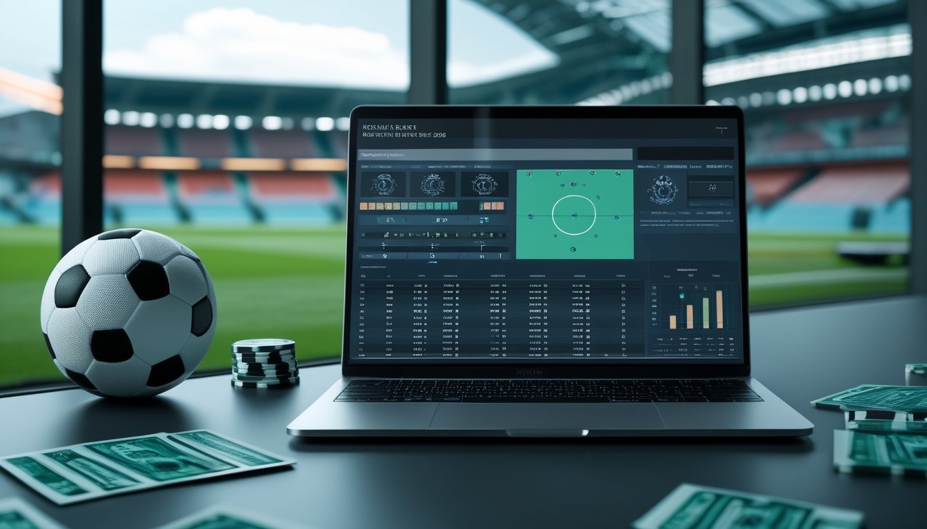 Ruang analisis sepak bola modern dengan bola, papan taktik, dan laptop berisi grafik data.