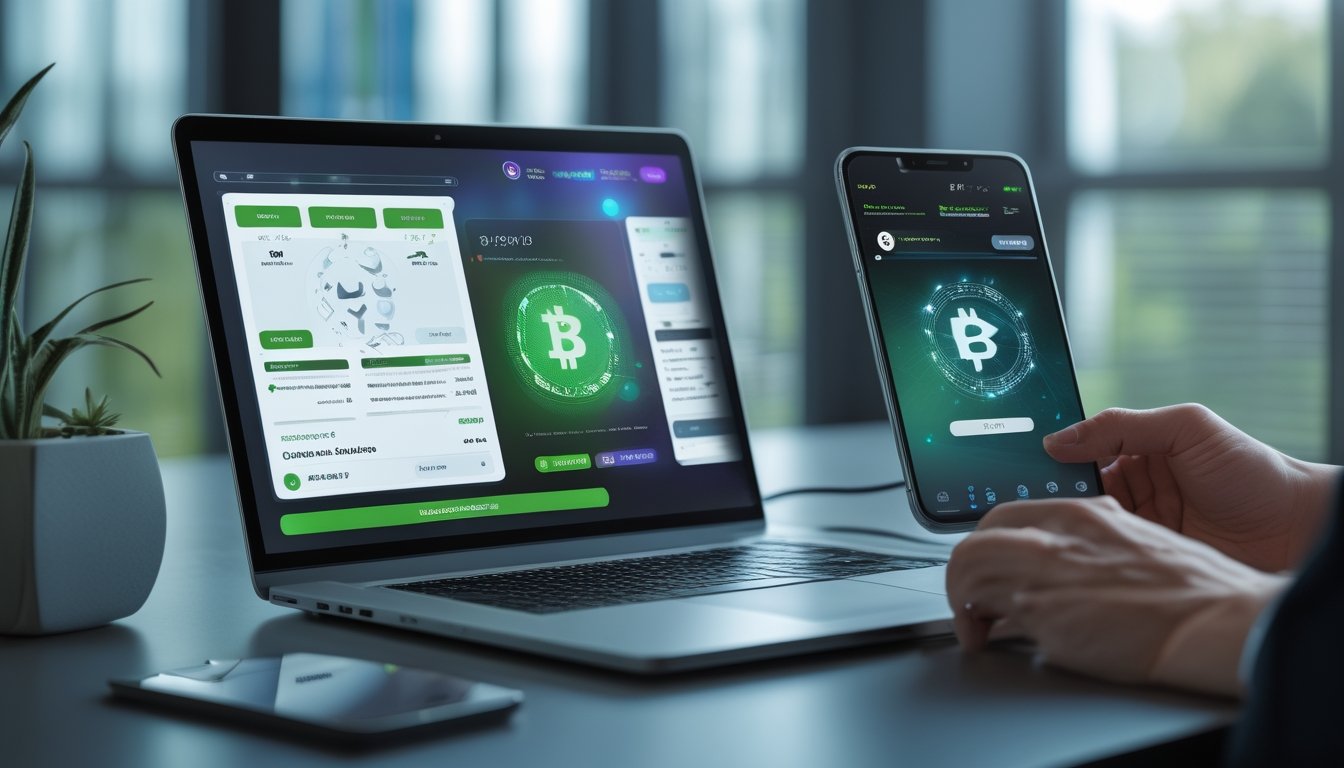 Laptop dan ponsel menampilkan antarmuka sepak bola serta dompet digital, dengan simbol keamanan pembayaran kripto di meja modern.