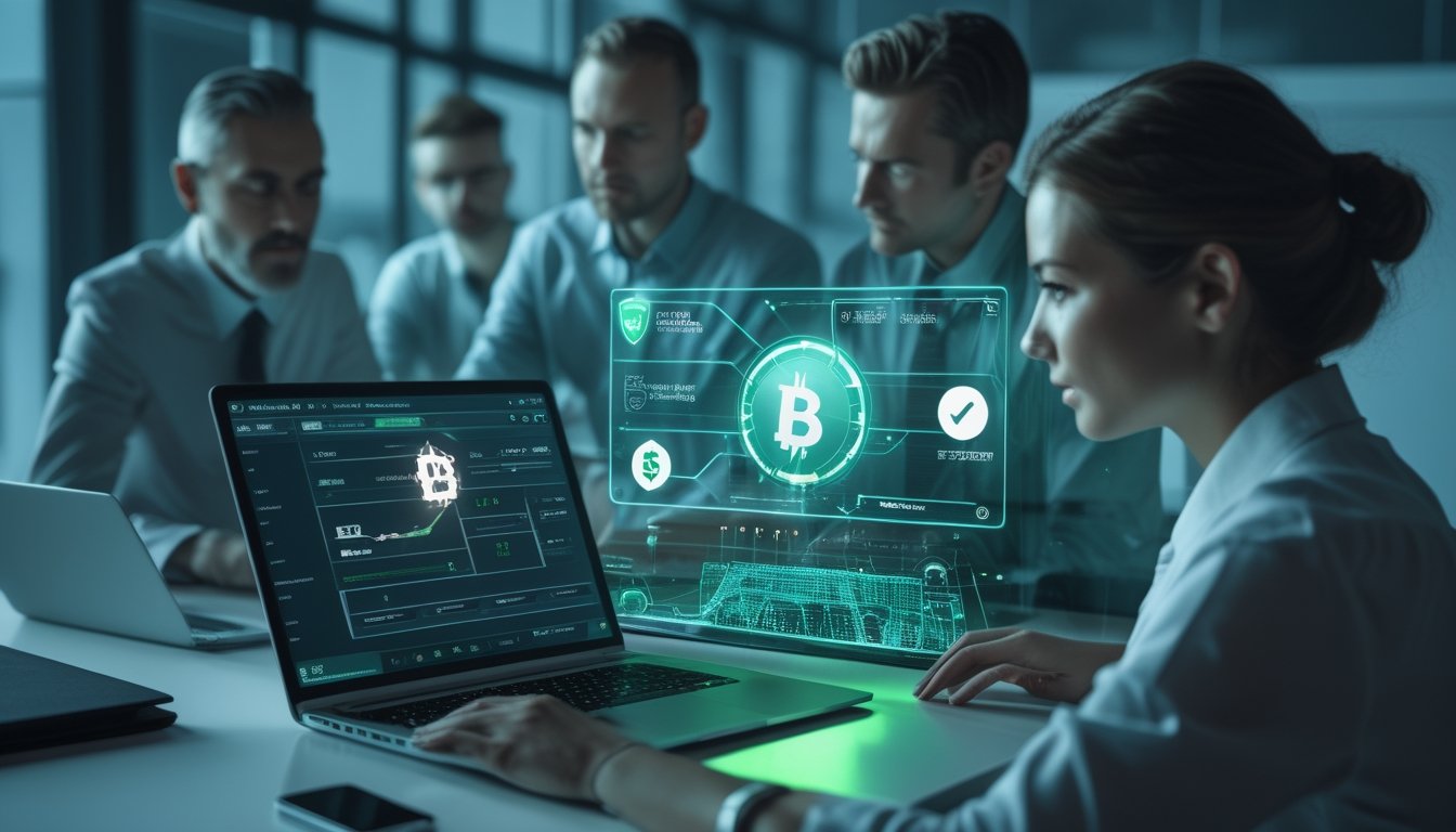 Tim profesional meninjau keamanan transaksi digital dengan simbol perisai, kunci, blockchain, dan sepak bola.