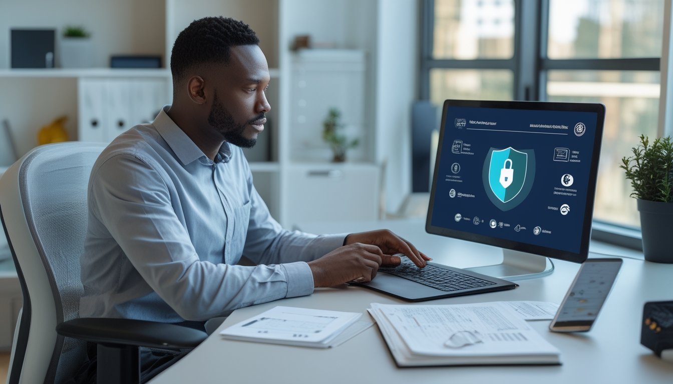 Seorang analis memeriksa keamanan platform taruhan olahraga daring menggunakan laptop dan ponsel di ruang kerja modern.