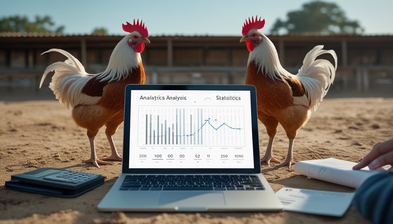 Dua ayam jantan berada di arena terpisah, sementara perangkat menampilkan grafik statistik dan seorang analis meninjau data.