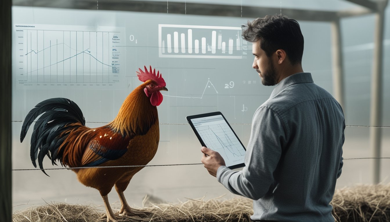 Seekor ayam jantan sehat berada di area terbuka sementara seorang analis memeriksa grafik data pada tablet.