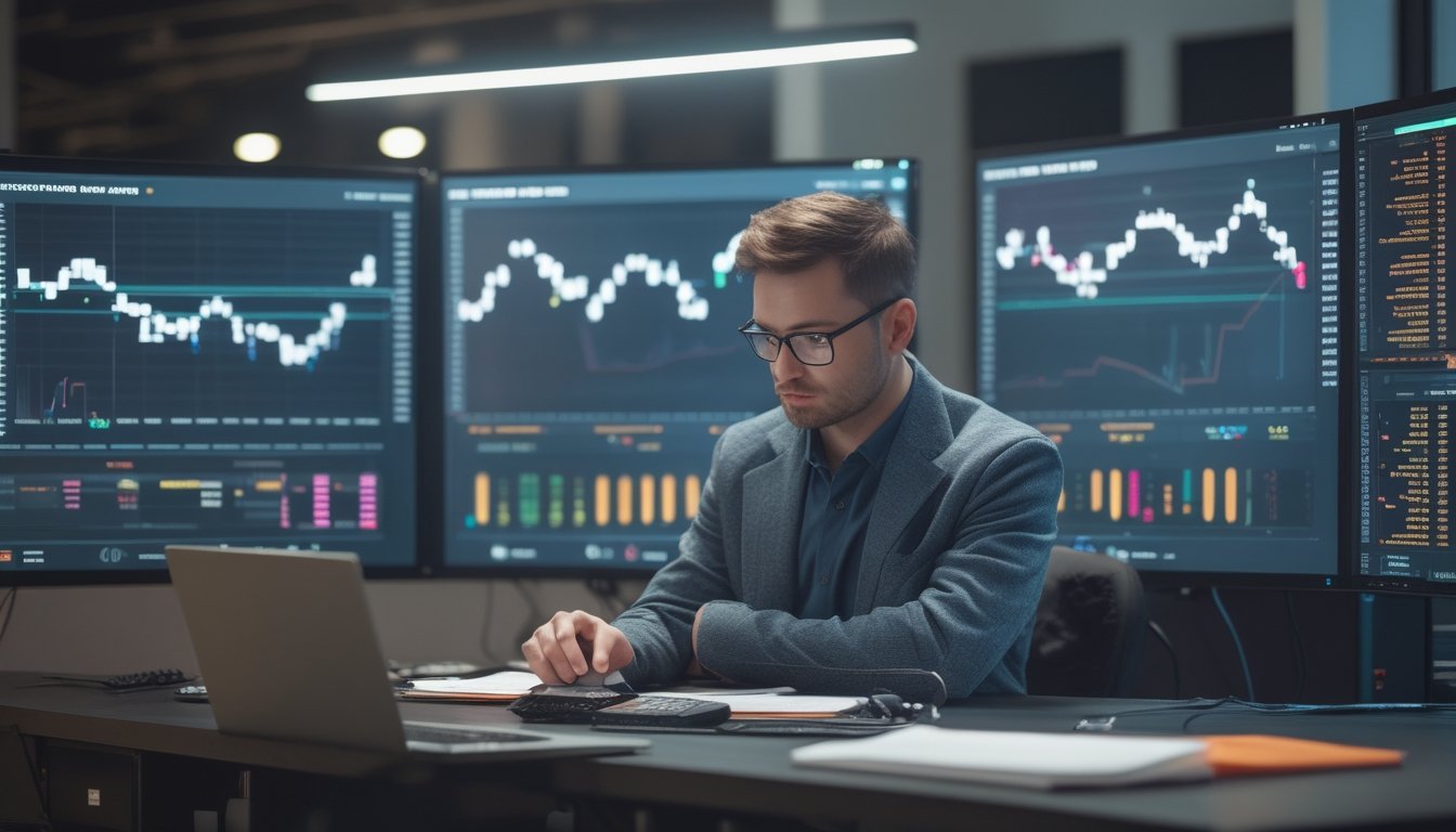 Seorang analis mempelajari grafik data langsung di beberapa layar komputer dalam ruang kerja modern.