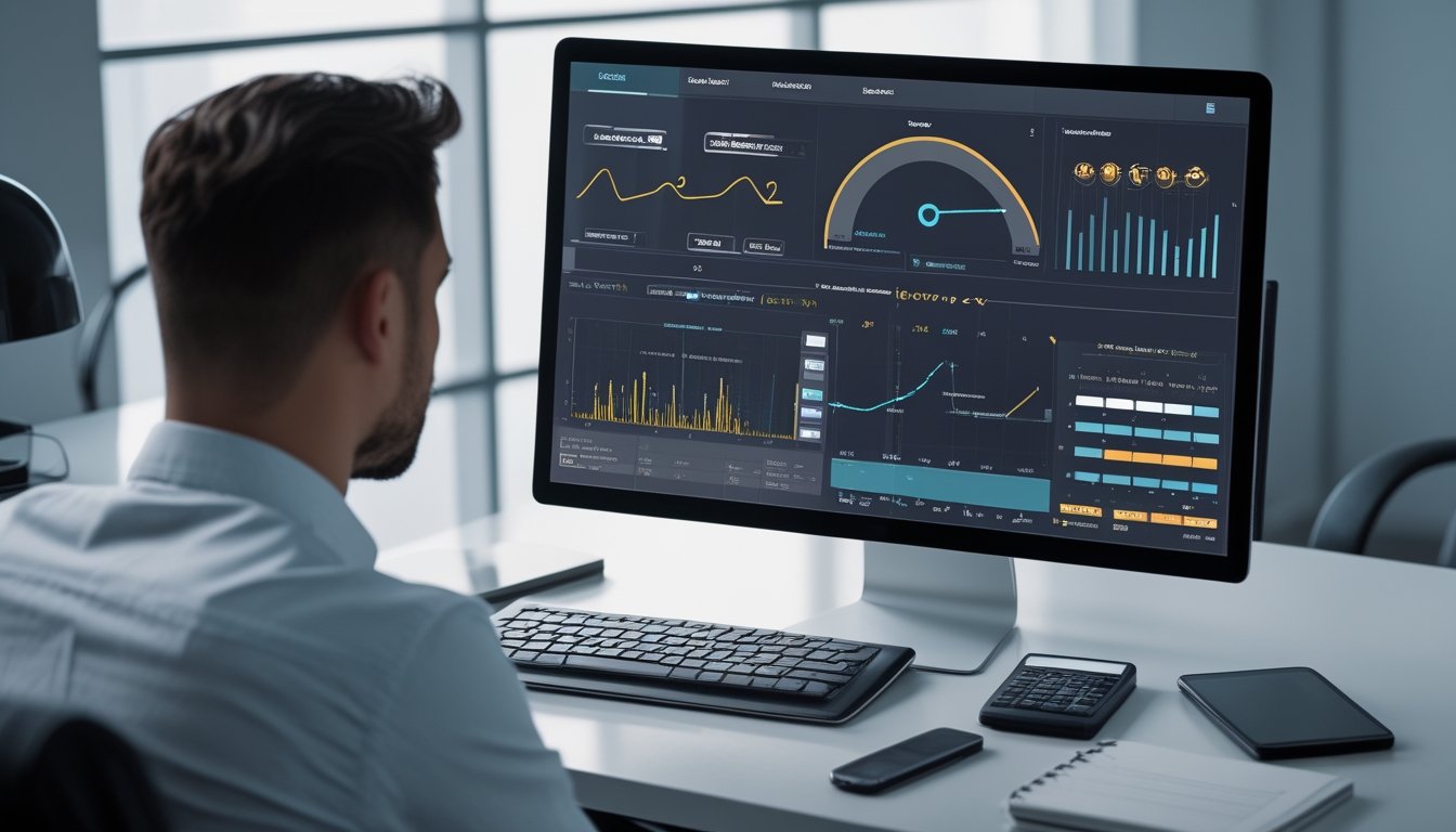 Seorang analis memeriksa grafik dan indikator data abstrak di laptop pada meja kerja modern.