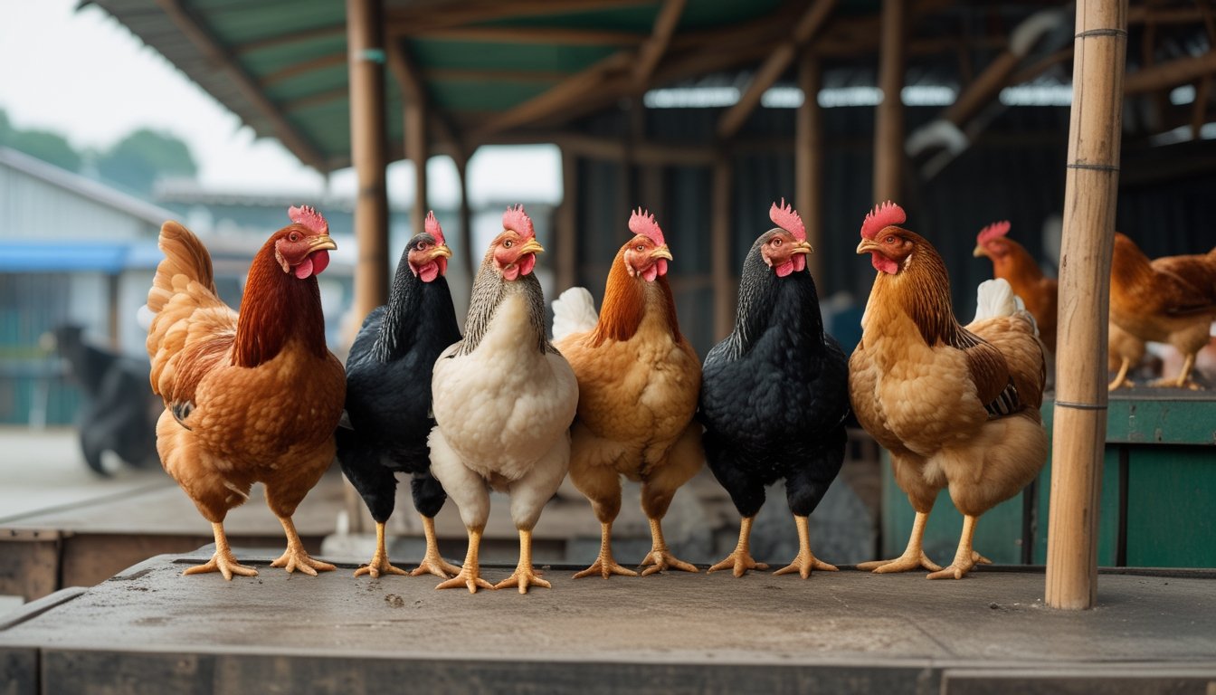 Beberapa ayam Bangkok sehat dengan warna bulu beragam berada di kandang kayu yang tertata di pasar unggas.