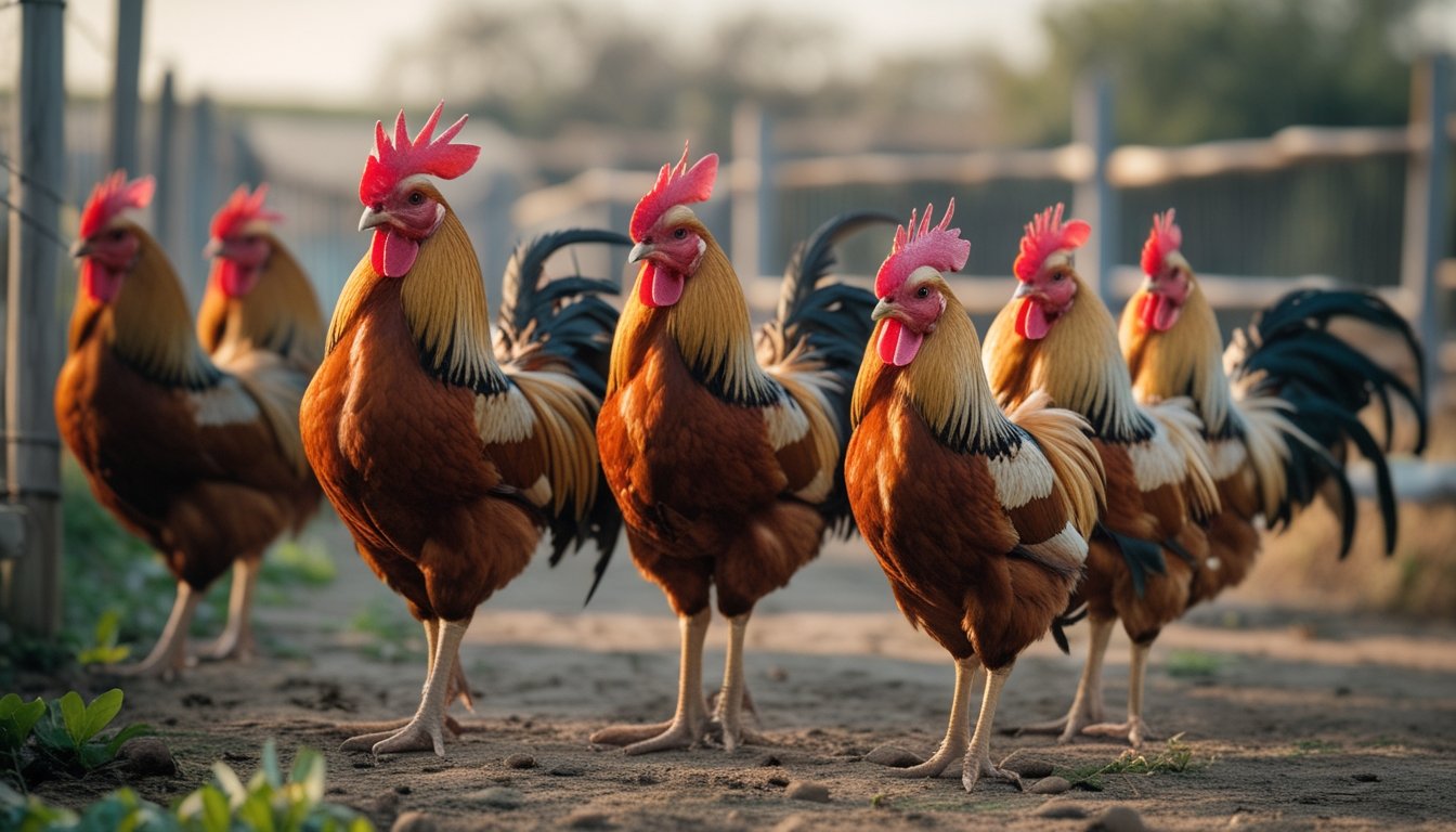 Beberapa ayam Bangkok sehat berdiri tenang di halaman peternakan dengan latar hijau.