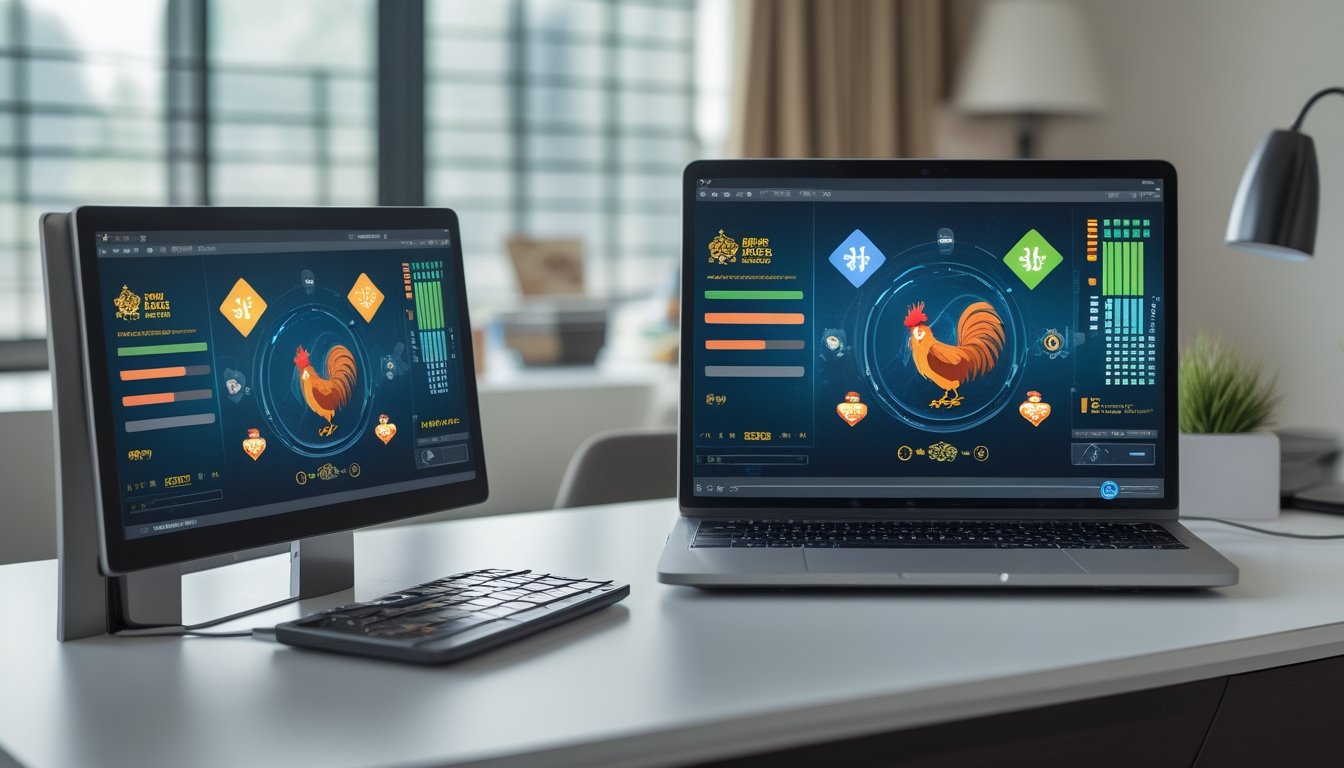 Ponsel dan laptop menampilkan antarmuka permainan digital abstrak dengan simbol koneksi aman di meja kerja modern.