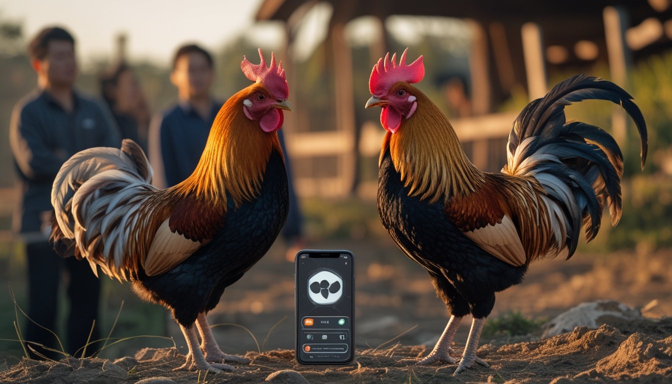 Dua ayam jantan dipisahkan secara aman di lingkungan pedesaan, dengan orang-orang mengamati dan simbol keamanan serta teknologi di sekitar mereka.