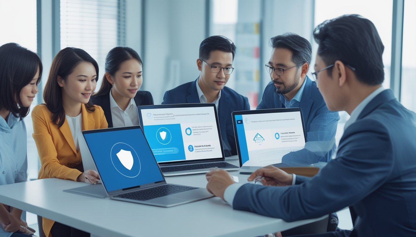 Sekelompok orang dewasa meninjau keamanan digital dan kepatuhan di kantor modern.